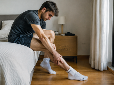 Homme assis au bord du lit etirant ses mollets