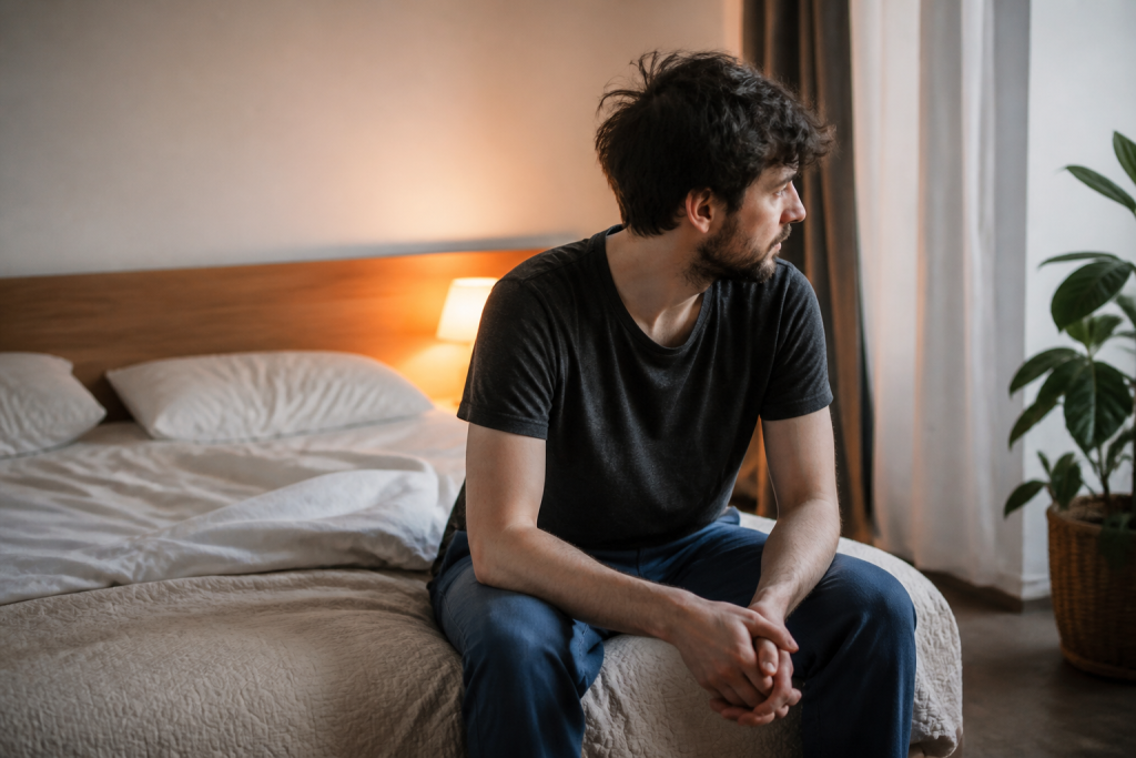 Homme assis au bord du lit, lampe allumee
