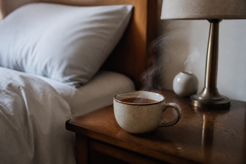 Tasse de tisane fumante sur une table de chevet
